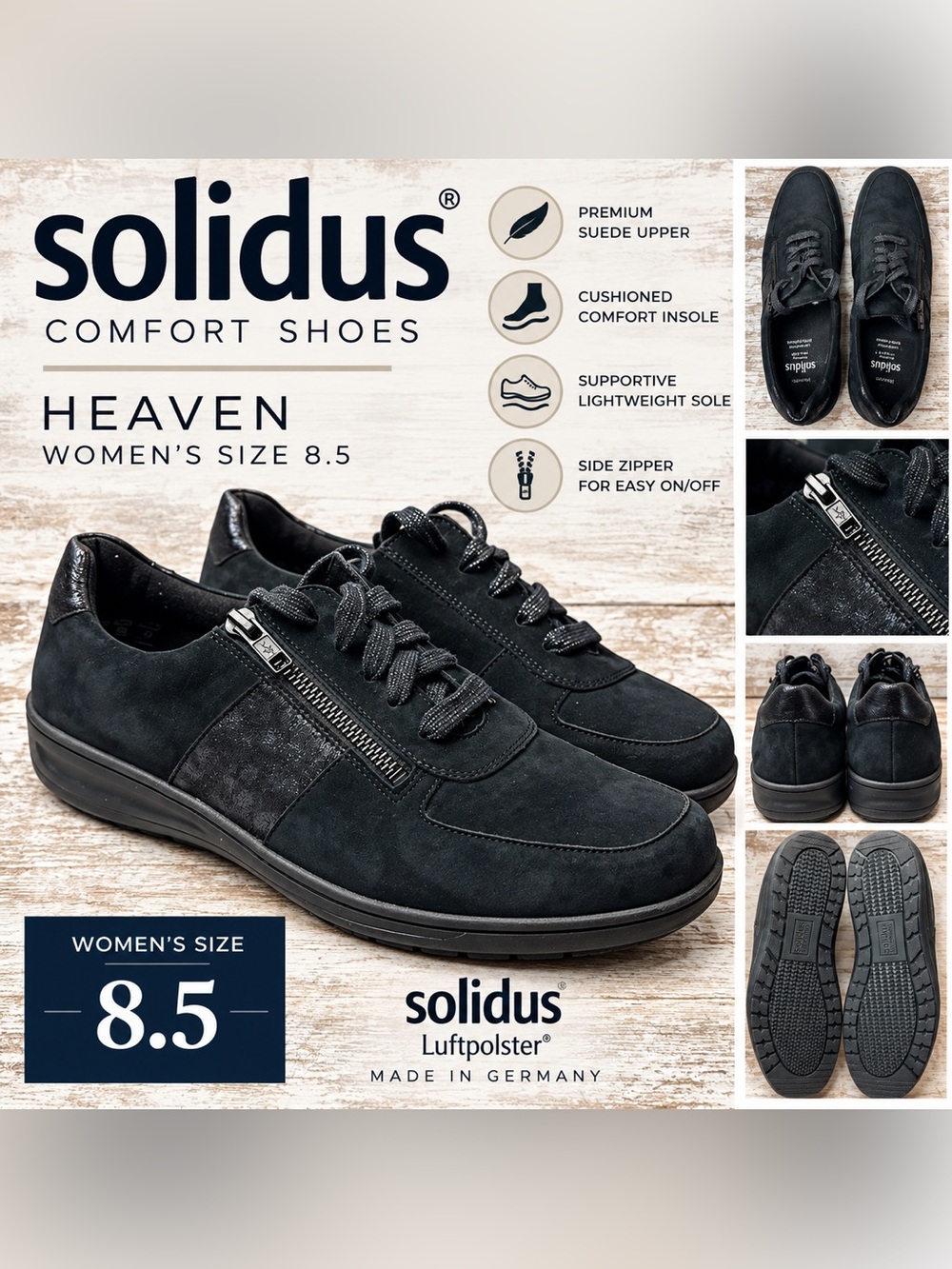 SOLIDUS HEAVEN Black Suede Comfort Shoes Women’s Size US 8.5